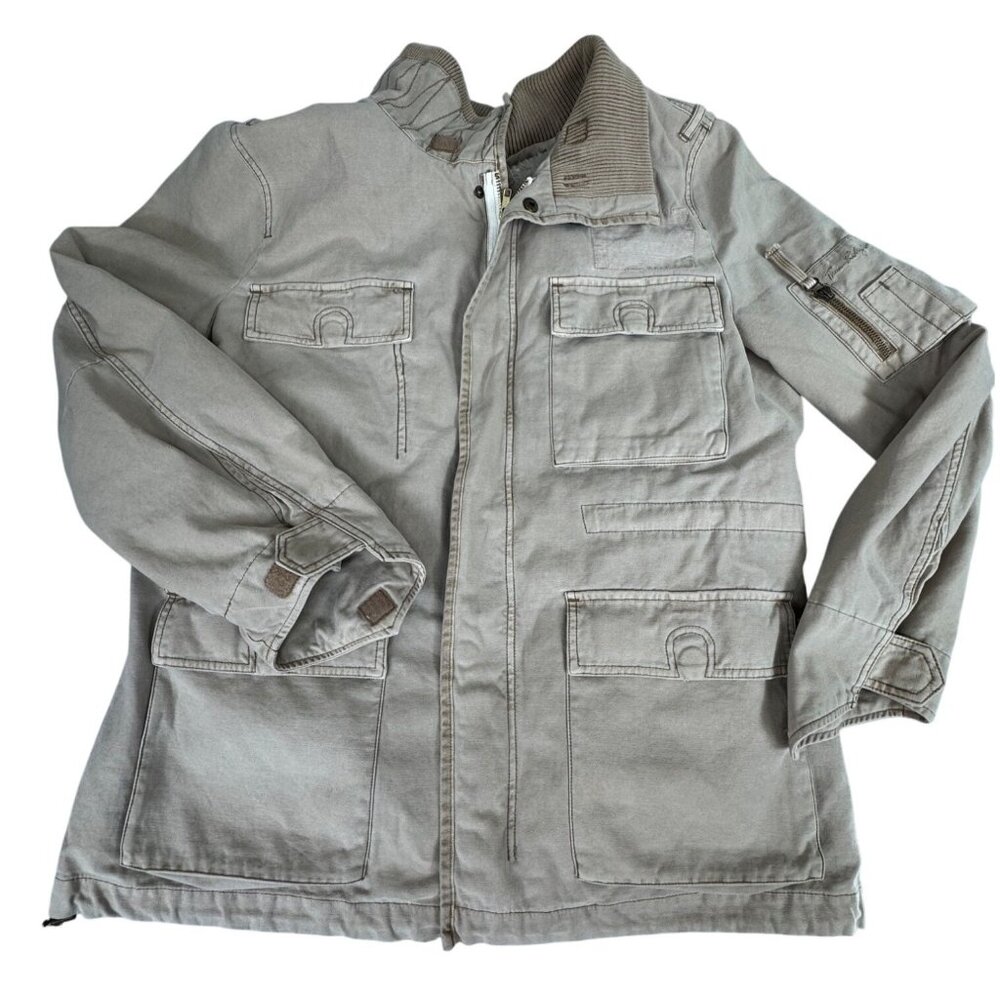 True Religion Military Cargo Coat XXL Beige W/Faux Fur Lining Pockets *Read